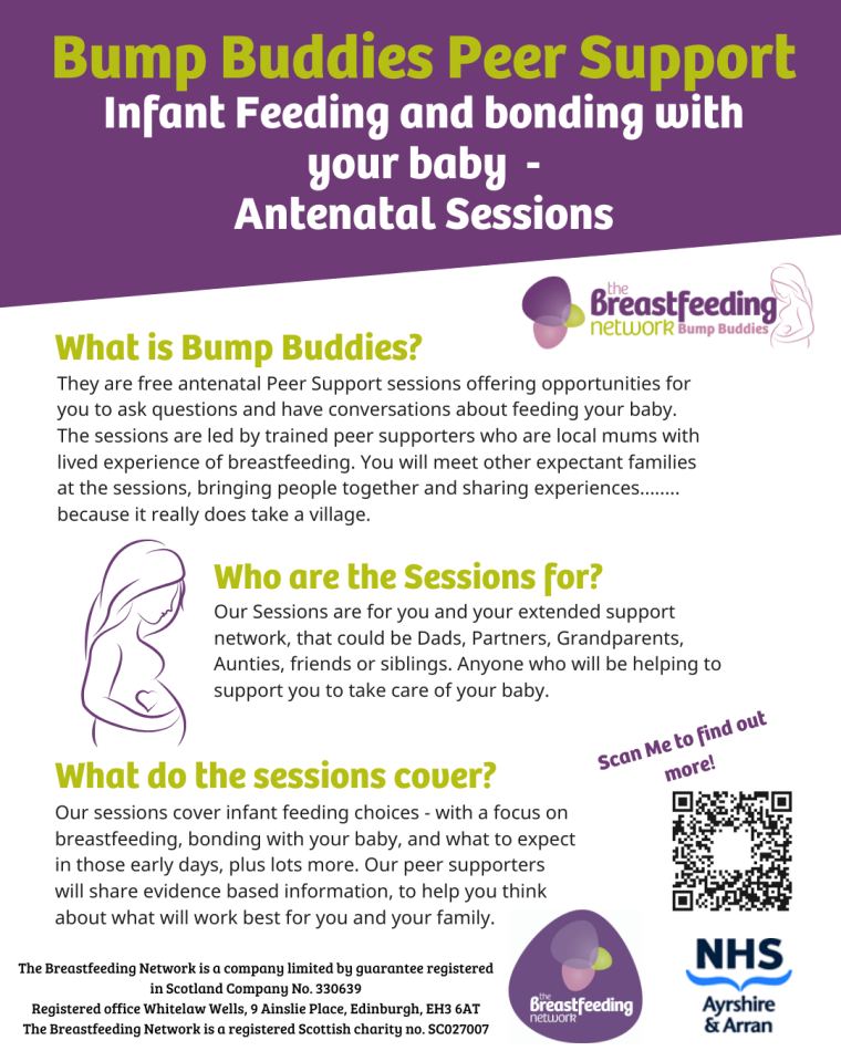 Bump Buddies Peer Support. Infant Feeding and bonding with your baby - Antenatal Sessions poster.